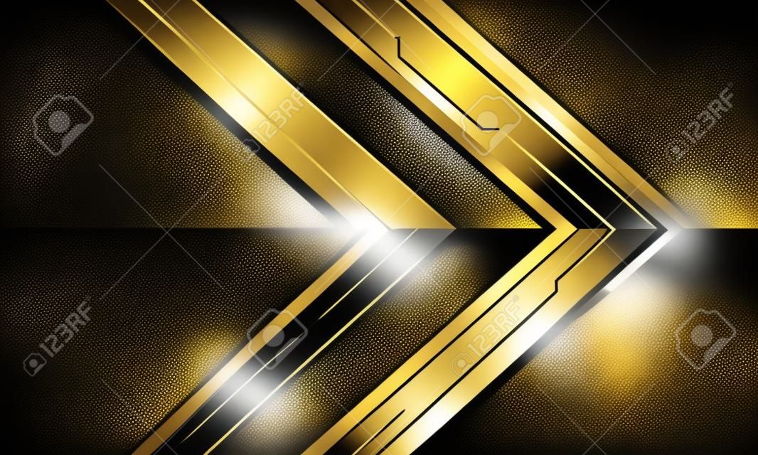 Freccia metallica astratta linea nera circuito cyber oro direzione della luce geometrica con spazio vuoto design moderno tecnologia futuristica sfondo illustrazione vettoriale.