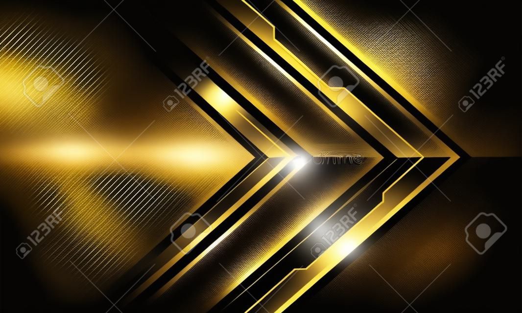 Freccia metallica astratta linea nera circuito cyber oro direzione della luce geometrica con spazio vuoto design moderno tecnologia futuristica sfondo illustrazione vettoriale.