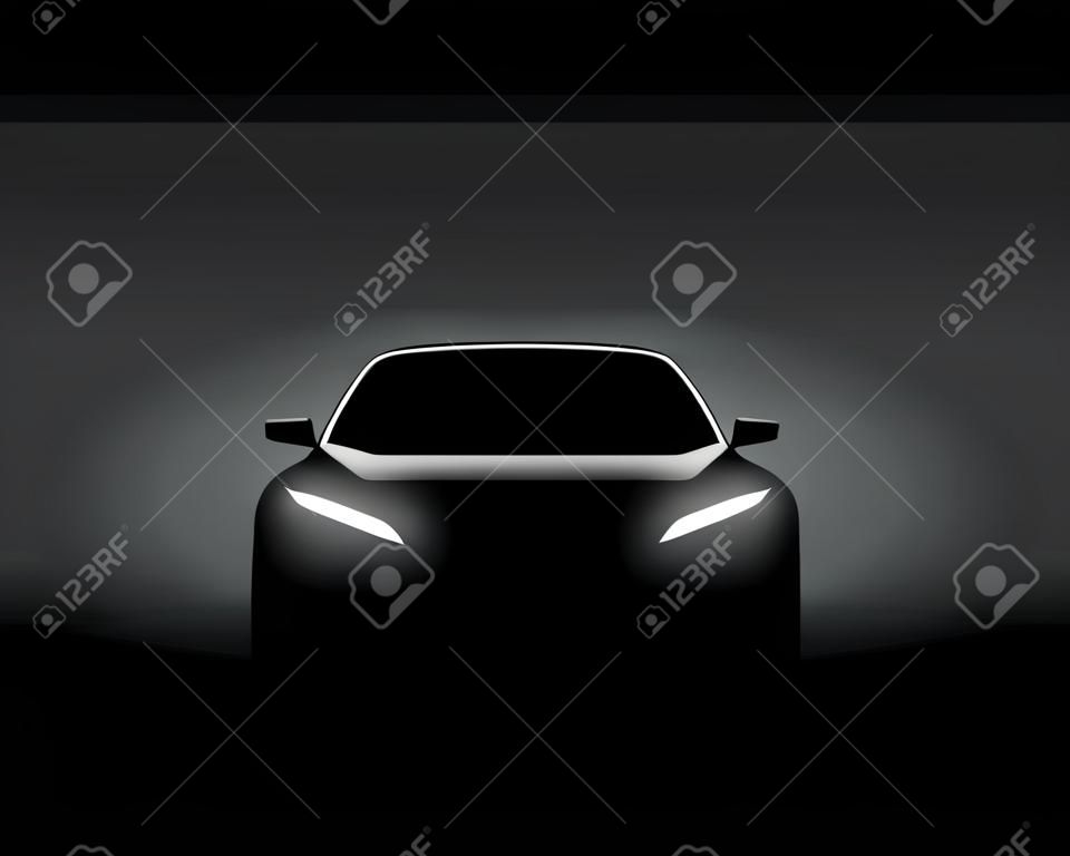 Вид спереди темно-синий силуэт автомобиля. Реалистичная векторная иллюстрация. Автомобиль силуэт баннер.
