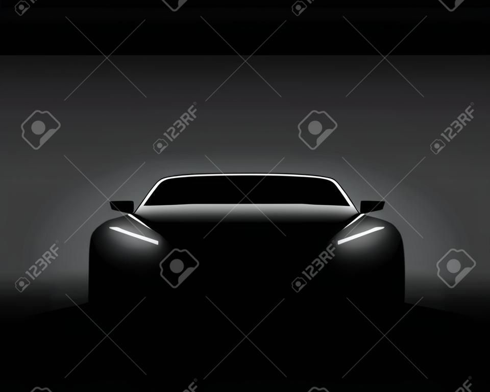 Вид спереди темно-синий силуэт автомобиля. Реалистичная векторная иллюстрация. Автомобиль силуэт баннер.