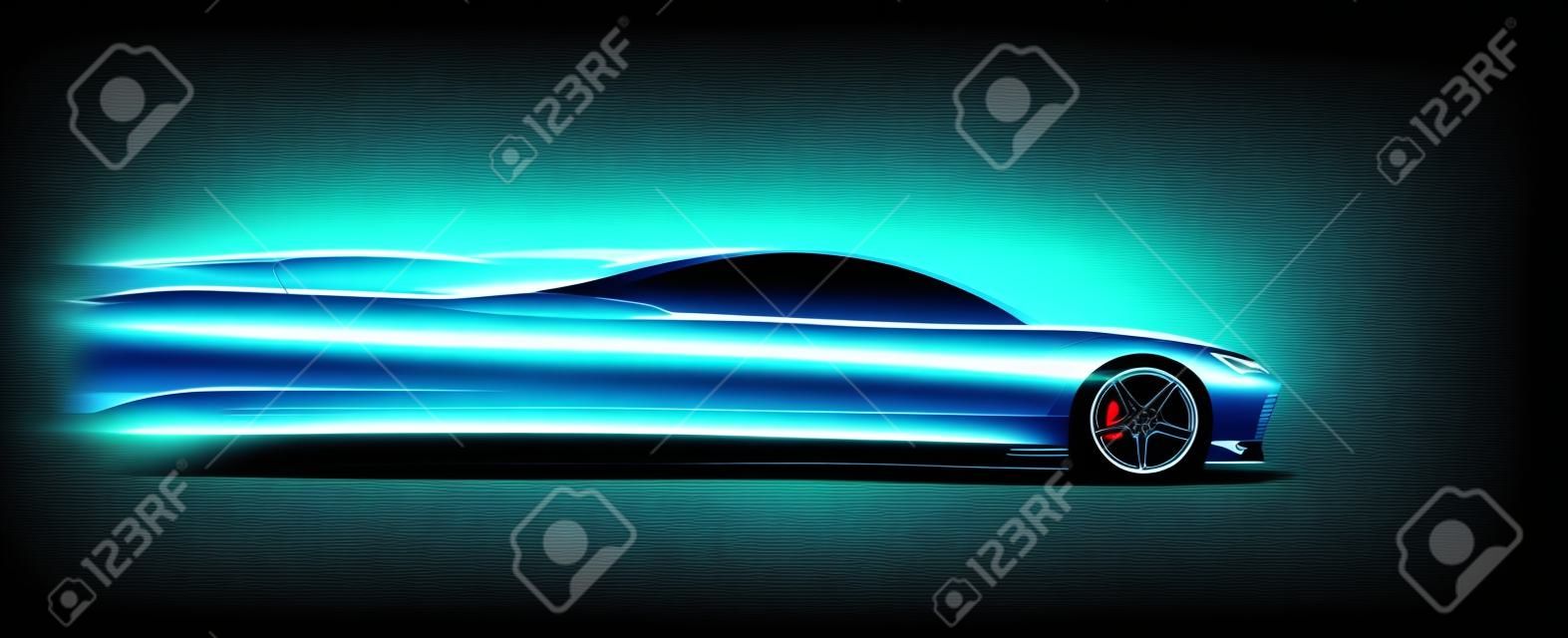 Widok z boku neon świecące sylwetka samochodu sportowego. Streszczenie nowoczesny styl ilustracji wektorowych eps 10.
