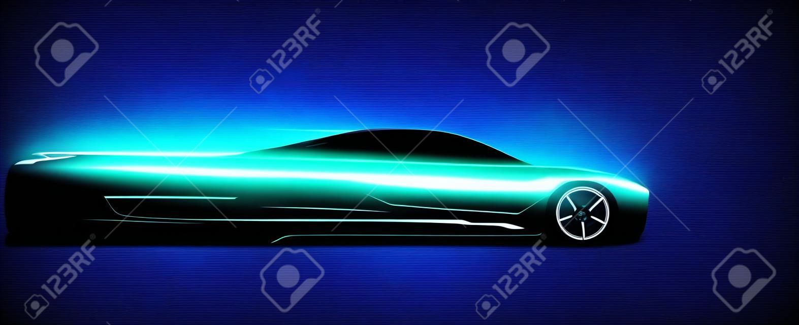 Seitenansicht Neon leuchtende Sportwagen-Silhouette. Abstrakte moderne gestylte Vektorgrafik eps 10.