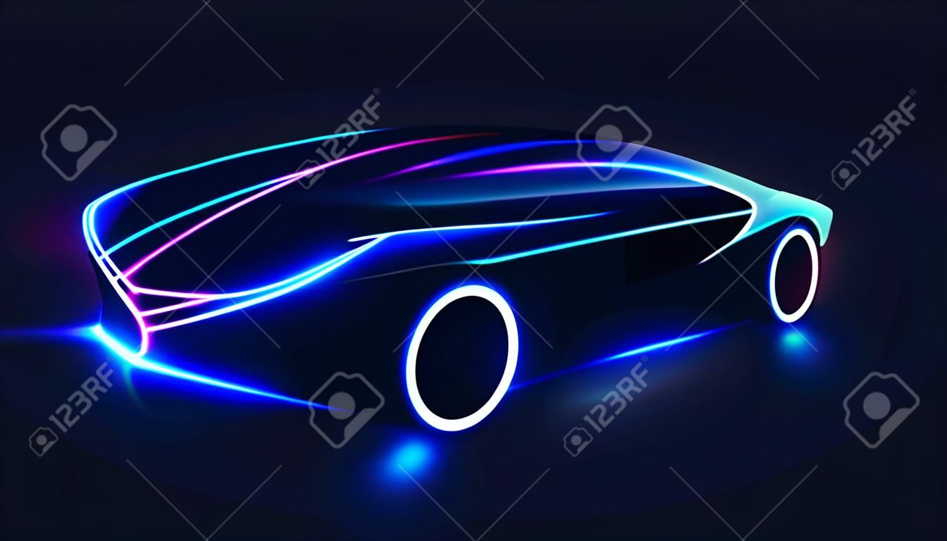 Streszczenie futurystyczny neon świecące sylwetka samochodu koncepcyjnego. szablon motoryzacyjny na baner, tapetę, reklamę marketingową.