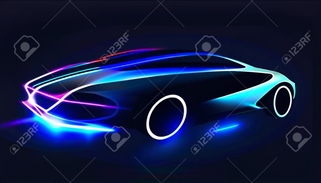 Abstrakte futuristische Neon-glühende Konzeptauto-Silhouette. Automotive-Vorlage für Ihr Banner, Hintergrundbild, Marketing-Werbung.