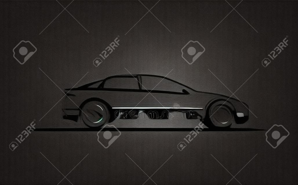 レンチ付きの車シルエットのモダンなベクトルイラスト。●オートカー修理サービスをテーマにしたベクターイラスト。