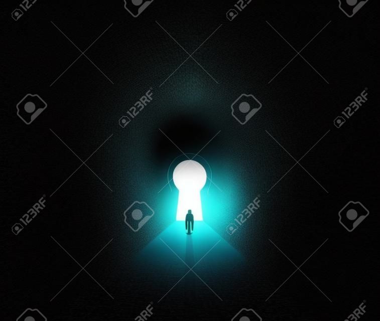 Escape or finding a way or destiny or solving life problems psychologic concept with human silhouette walking through the dark tunnel to the light at the end of the tunnel. Vector eps 10 illustration
