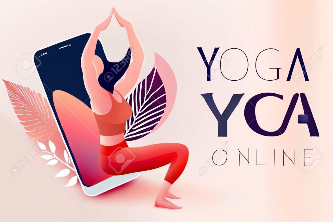 Concepto de yoga en línea con una chica en asana saliendo de la pantalla del teléfono inteligente. Banner de clase de yoga en línea o plantilla de diseño de imagen de publicación. Ilustración vectorial eps 10