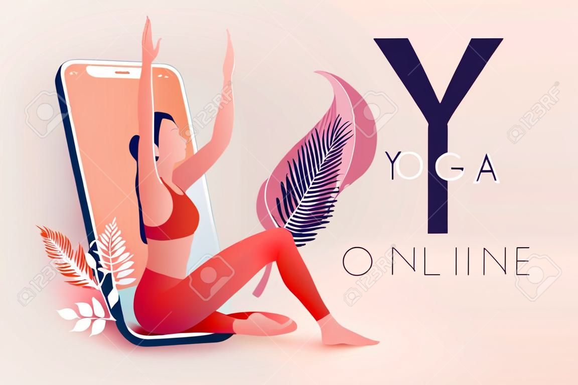 Concepto de yoga en línea con una chica en asana saliendo de la pantalla del teléfono inteligente. Banner de clase de yoga en línea o plantilla de diseño de imagen de publicación. Ilustración vectorial eps 10