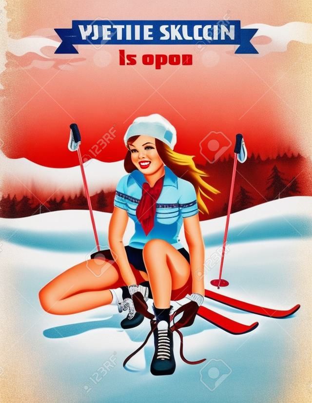 滑雪海報復古風格與美麗迷人的女孩綁鞋帶。