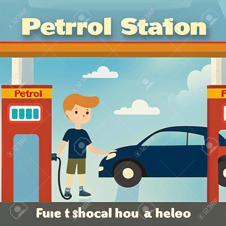 Junger Mann hilft Mädchen zu ihrem Auto an der Tankstelle tanken Konzept