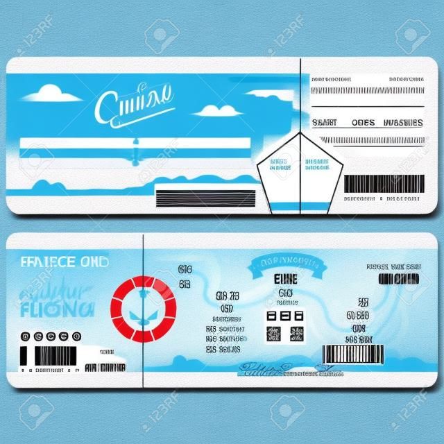 Cruise ship boarding pass flat graphic design template. Face and back side