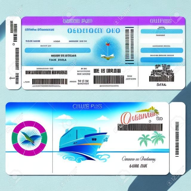 Cruises to Paradise. Cruise ship boarding pass flat graphic design template. Face and back side