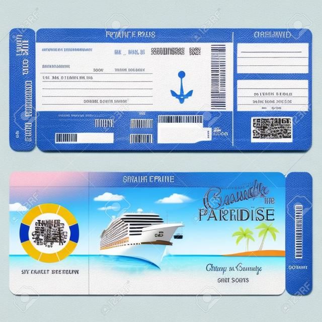 Cruises to Paradise. Cruise ship boarding pass flat graphic design template. Face and back side