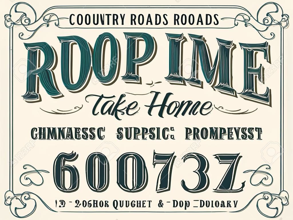 Országos utak, vigye haza. Handcrafted retro drop shadow rendszeres betűtípus. Vintage font design, kézzel írott ábécé