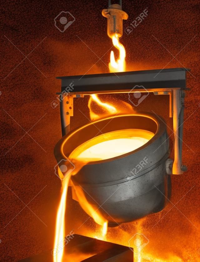 Illustration of molten metal being poured from a foundry crucible