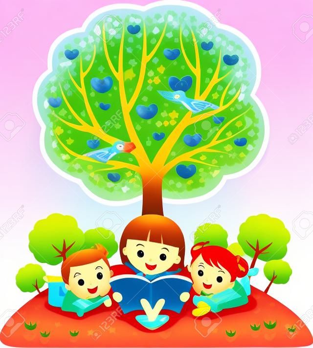 Children reading book under apple tree