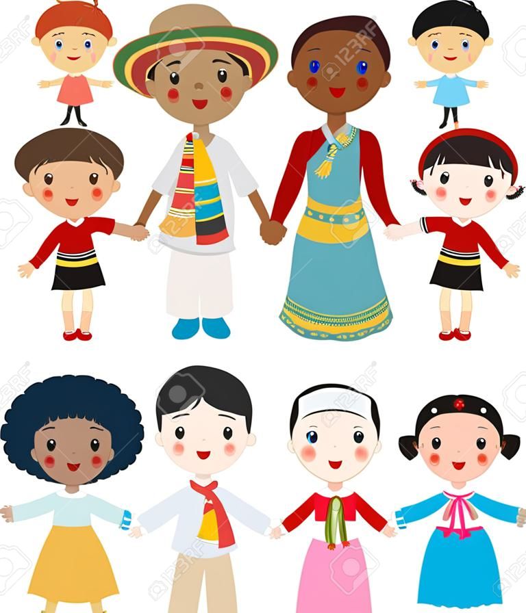 les enfants multiculturelles tenant par la main