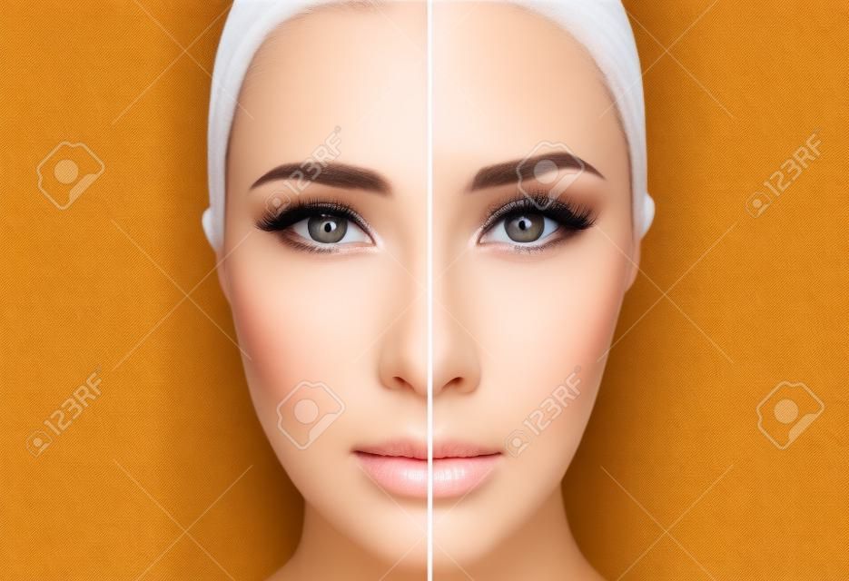 Womans face before and after make up and digital editing
