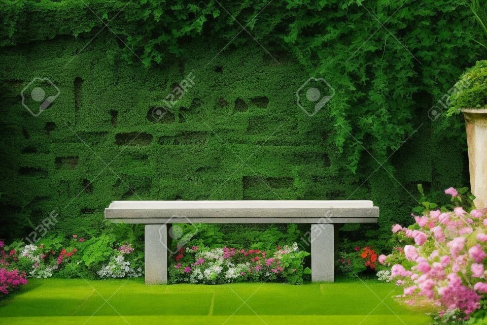 Bench in a formal garden with an old stone wall