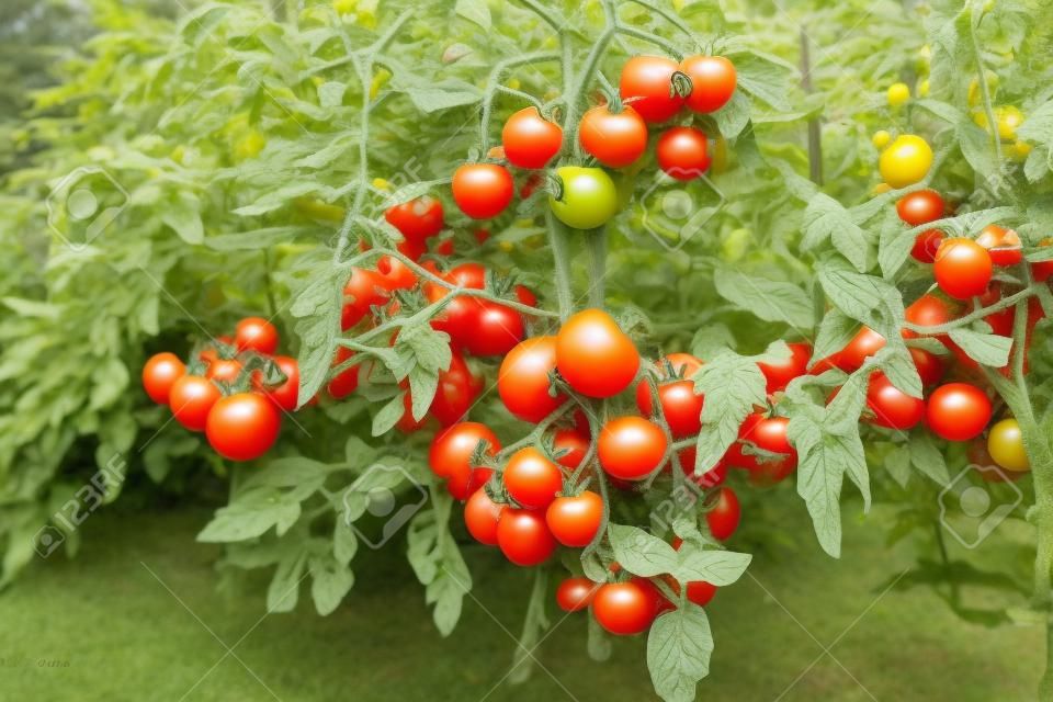Indeterminate (cordon) tomato vine plants growing outside in an English garden, UK