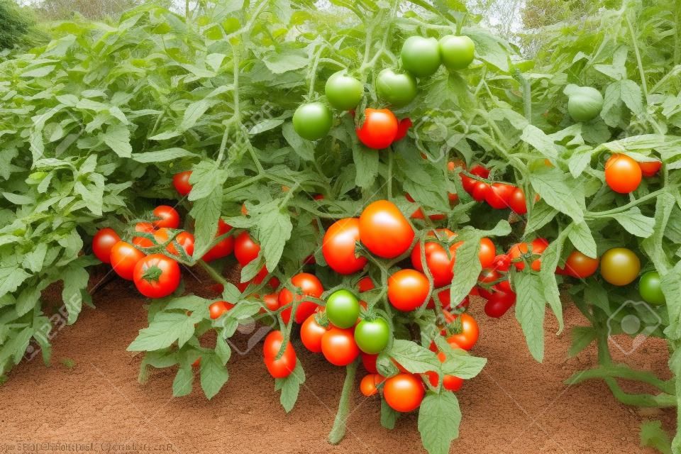 Plantas de videira de tomate indeterminadas (cordão) que crescem fora em um jardim inglês, Reino Unido
