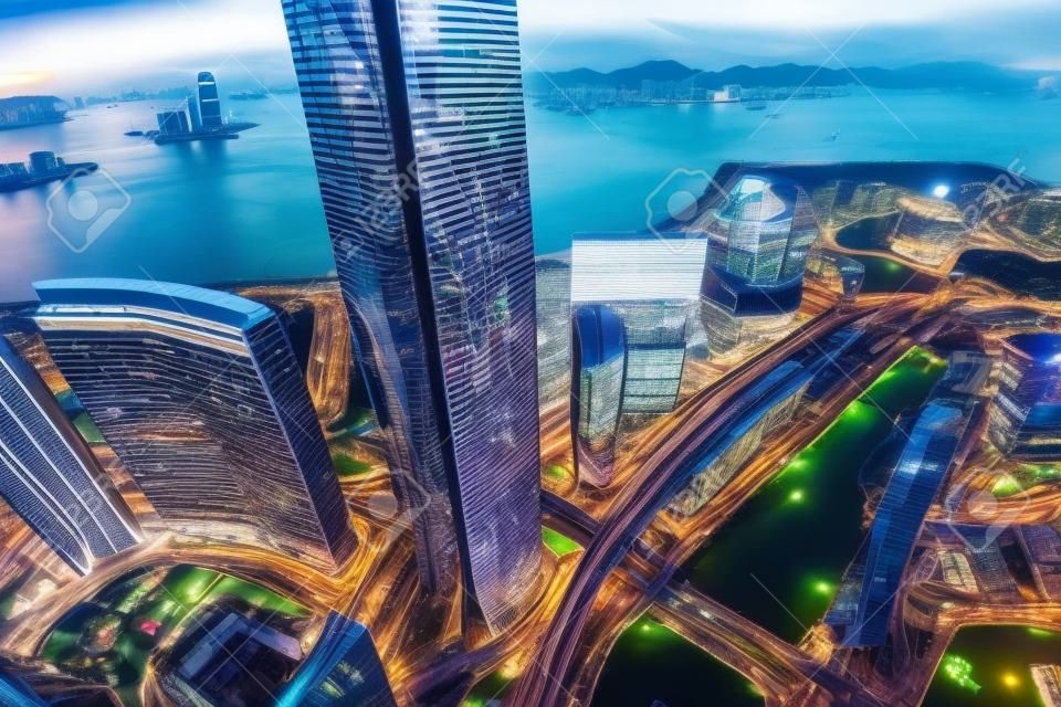 Aerial panoramic view of Western Kowloon, Hong Kong