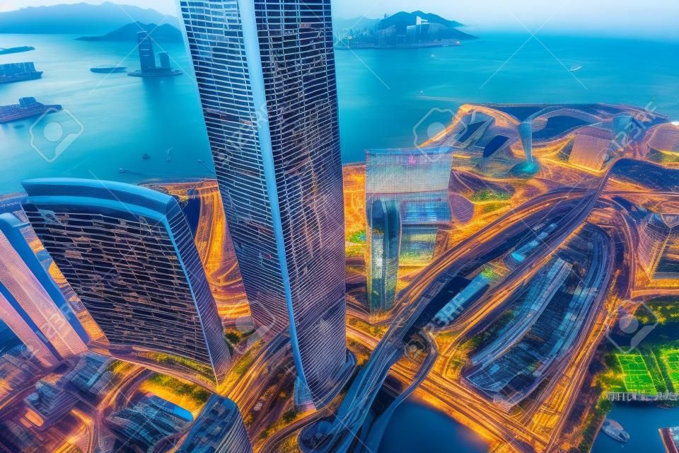 Aerial panoramic view of Western Kowloon, Hong Kong
