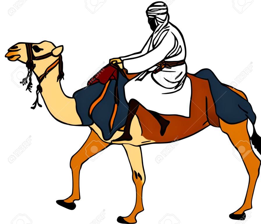 beduinos montando un camello, aislado en segundo plano