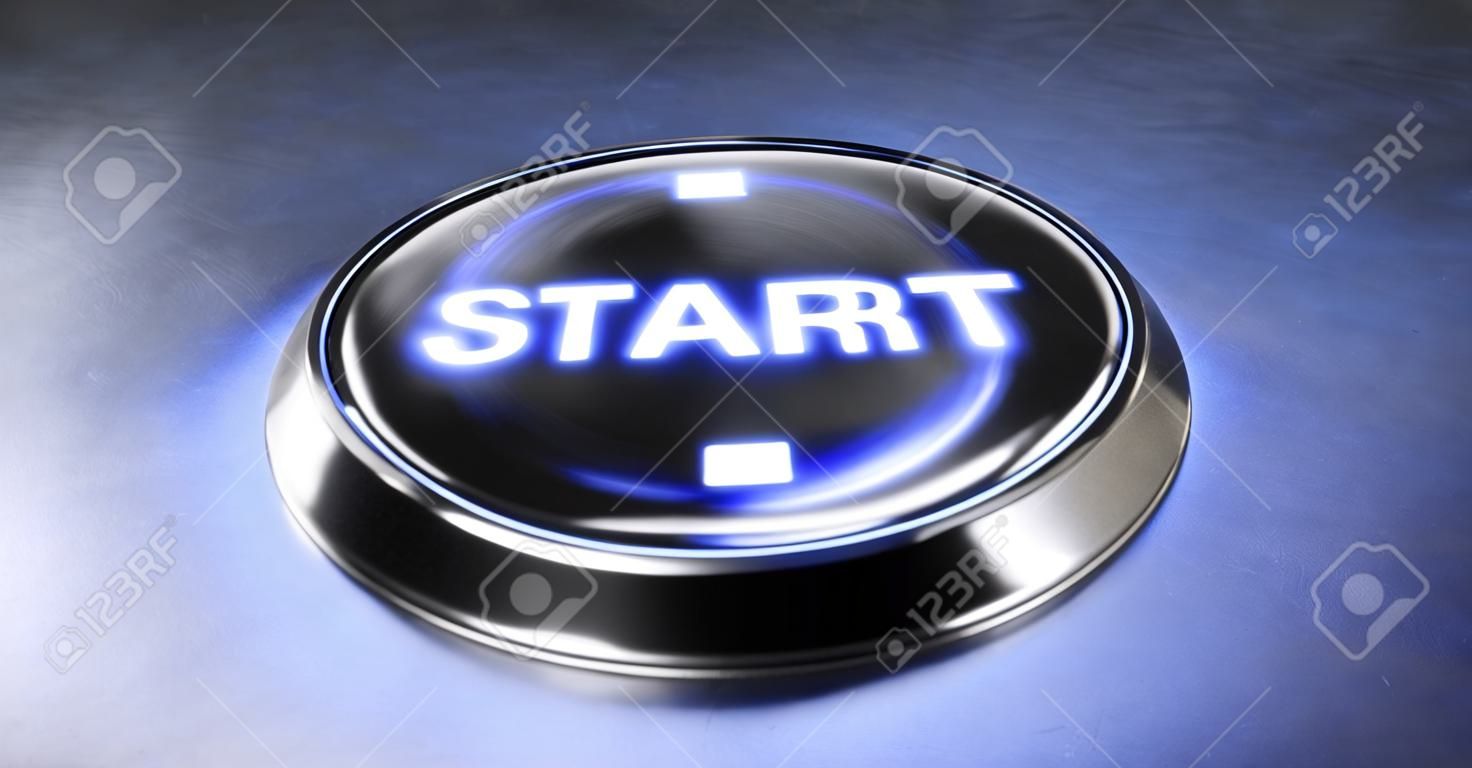 start button. Start business and Startup. Power start button or ignition launching button with blue light. dark background. Concept change or strategic vision. 3d rendering