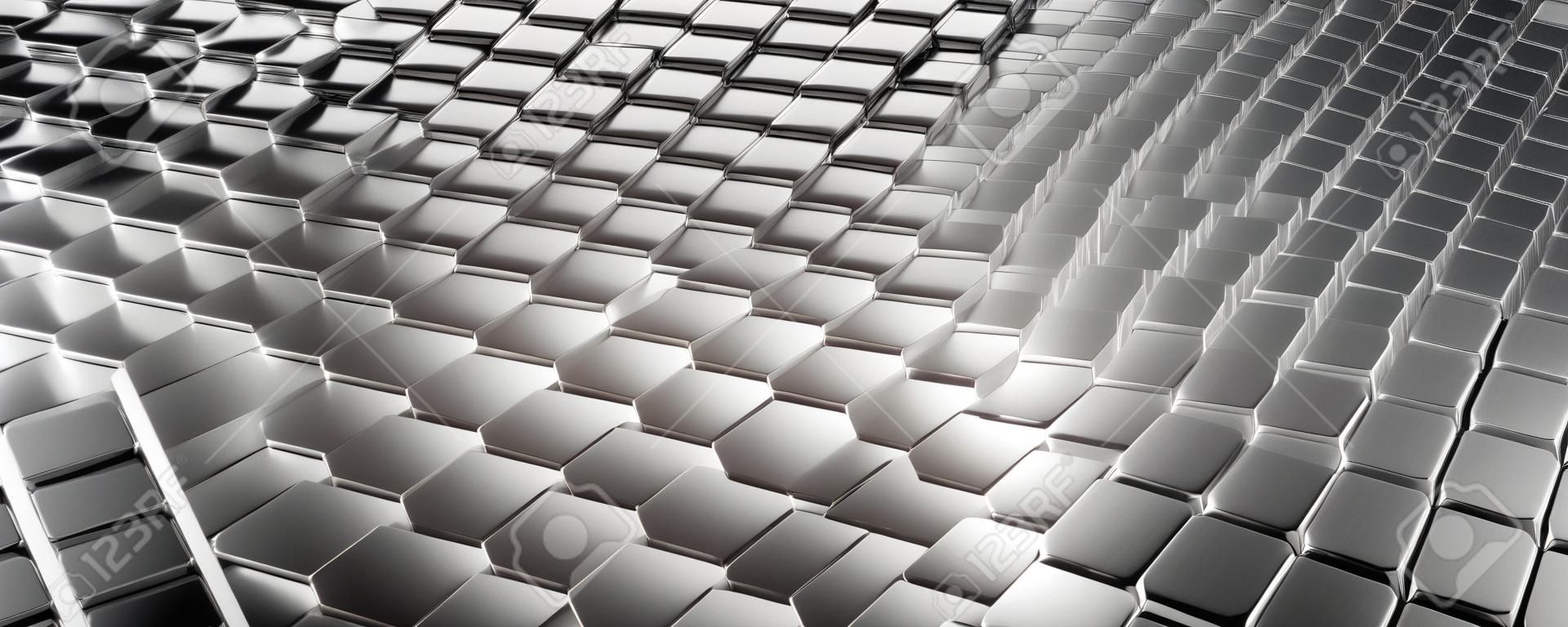 Argent métallique abstrait de motif de cube de surface futuriste avec des rayons lumineux teinte métallique argentée fond hexagonal large bannière illustration 3d