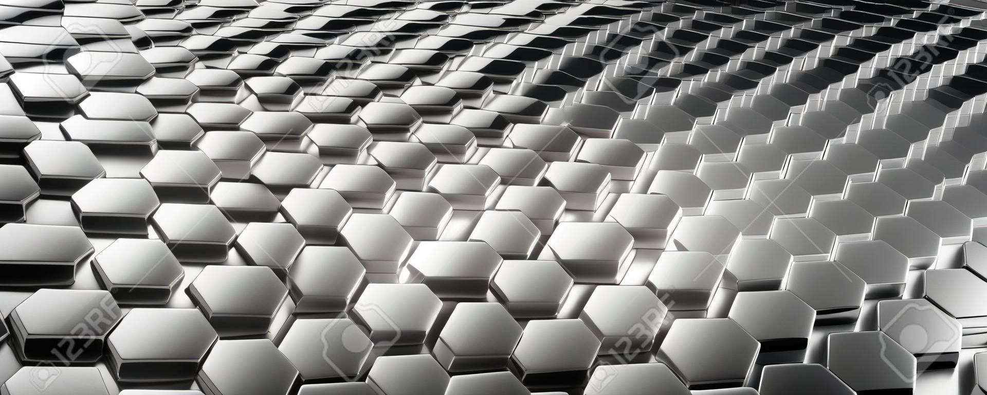 Abstract Silver metallic of futuristic surface cube pattern with light rays. Silver metallic tint hexagonal background. wide banner. 3d illustration