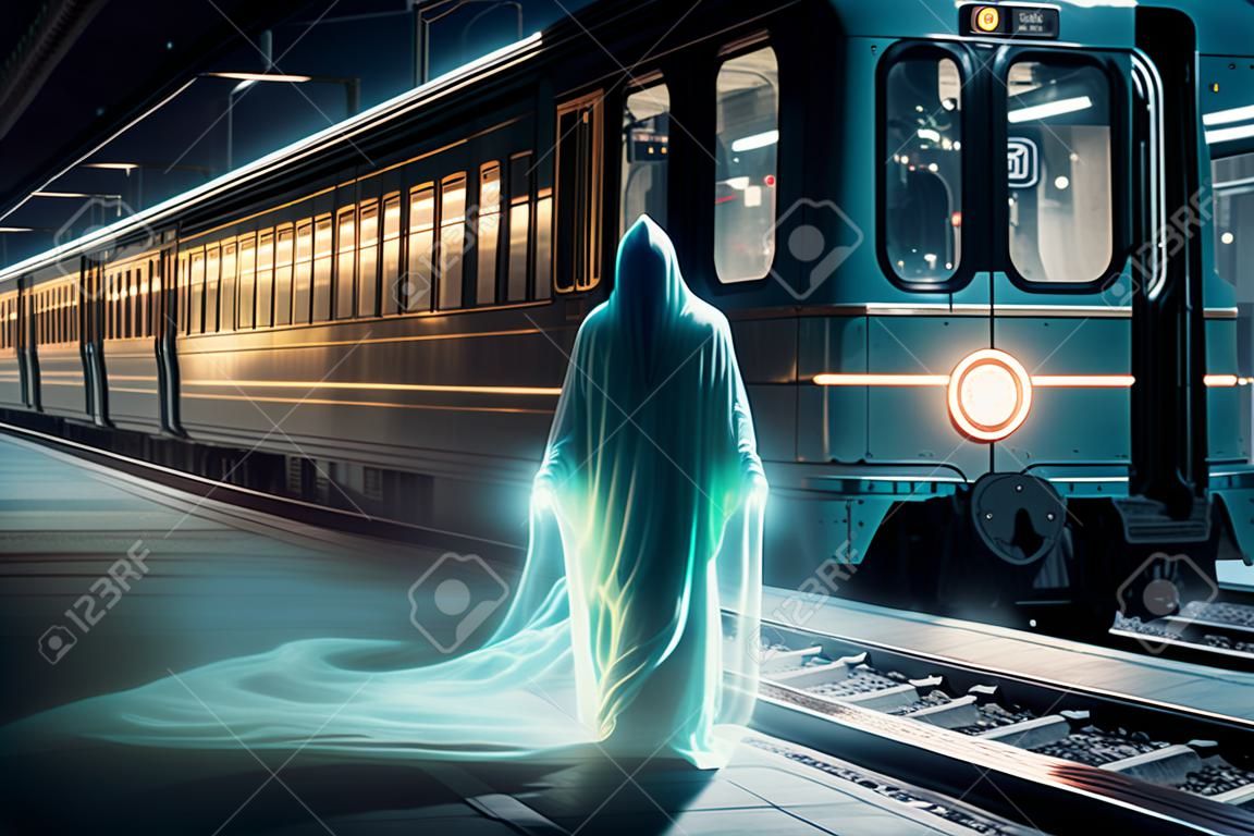 luminous Ghost in front of subway train. Horrors, nightmares, driving safety concept. Ai generative.