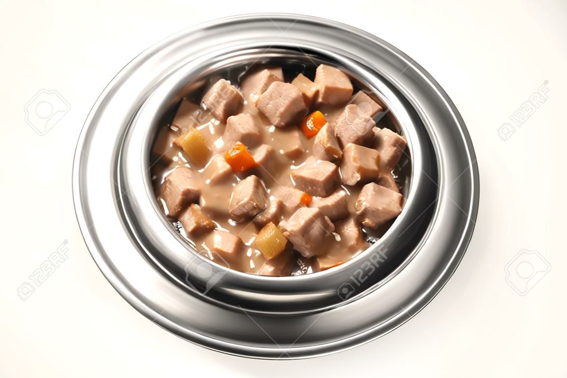 wet food for dogs and cats in silver bowl.