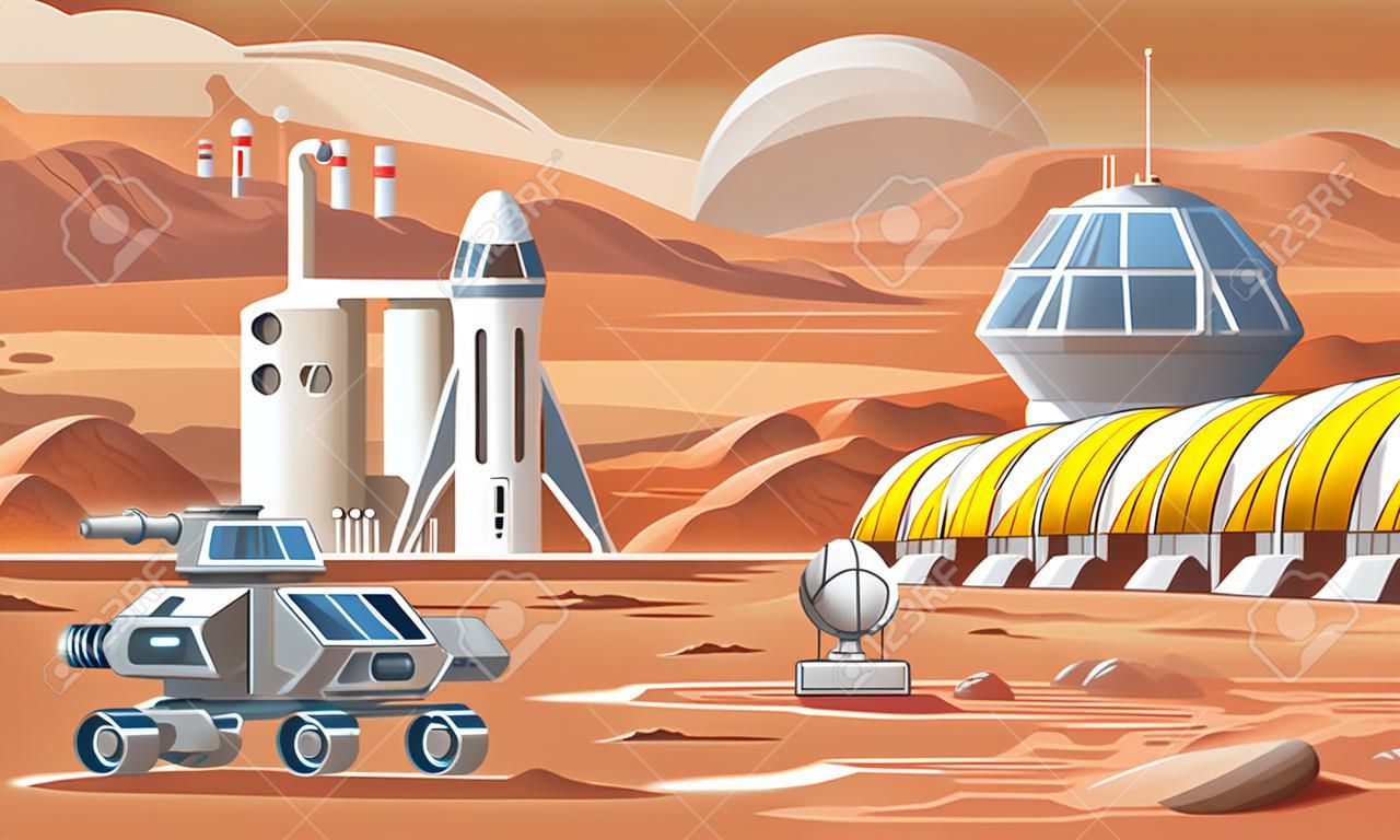 Colonizadores humanos em Marte. Rover dirige através do planeta vermelho perto de fábrica, estufa e nave espacial