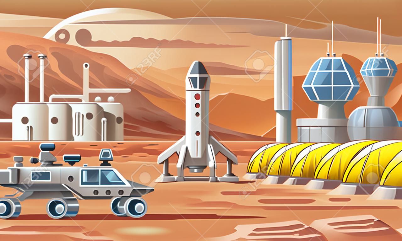 火星の人間 colonizators。工場・温室・宇宙船近く赤い惑星間粗紡機ドライブ