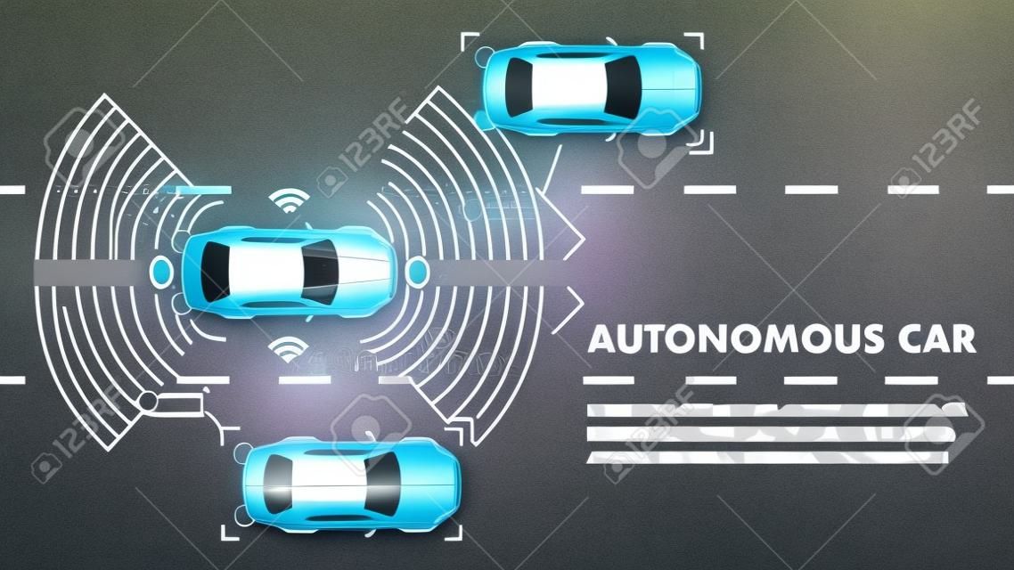 Illustrazione di vettore dell'automobile autonoma. Futuro sistema di rilevamento intelligente con comunicazione Wi-Fi tra veicoli con assistenza GPS e protezione di sicurezza. Vista dall'alto della strada autostradale. Monitor intelligente per la mobilità.