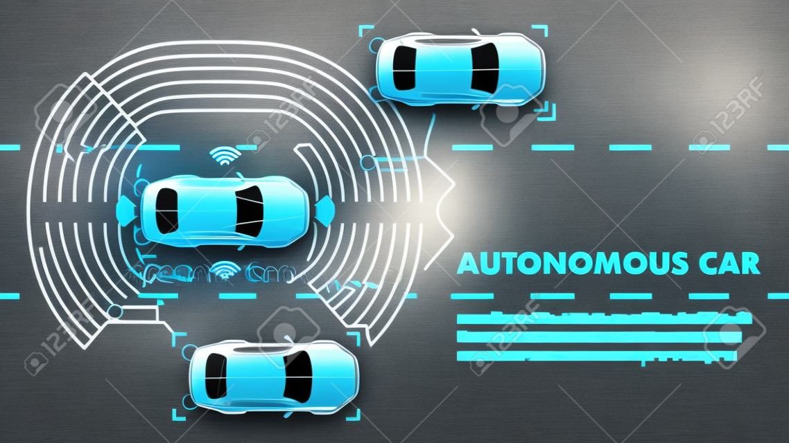 Illustrazione di vettore dell'automobile autonoma. Futuro sistema di rilevamento intelligente con comunicazione Wi-Fi tra veicoli con assistenza GPS e protezione di sicurezza. Vista dall'alto della strada autostradale. Monitor intelligente per la mobilità.