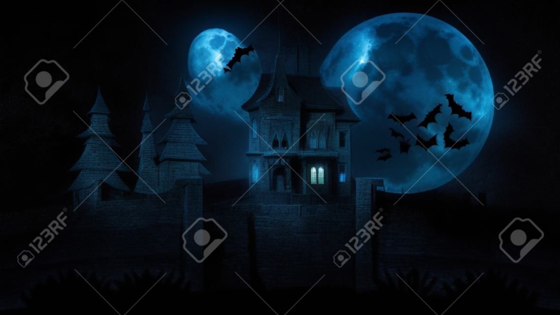Spooky Halloween Castle at Scary Night with Full Moon and Bats in Sky. Ghost Manor and Tree Silhouette at Dark Hill. Old Blue Mystic Gotic Shape Mansion in Mystery Darkness. Creepy Vampire Terror.