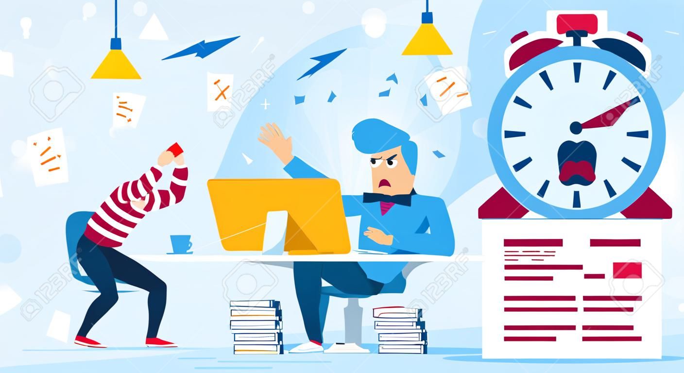 Stress at Work, Time Management Trendy Flat Vector Concept. IT Industry Freelancer, Programmer Frustrated and Stressed Because of Project Deadline Failure, Lack of Time for Finishing Work Illustration