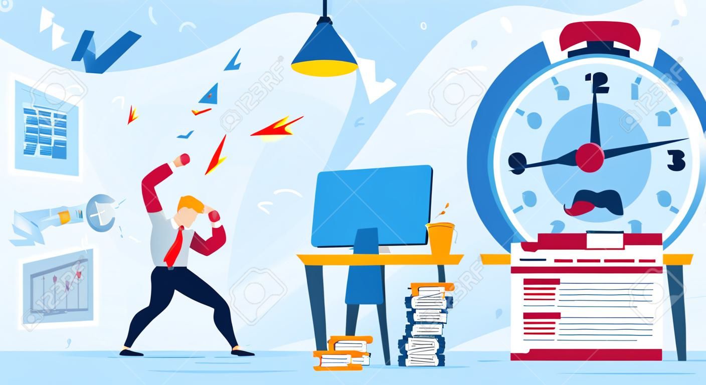 Stress at Work, Time Management Trendy Flat Vector Concept. IT Industry Freelancer, Programmer Frustrated and Stressed Because of Project Deadline Failure, Lack of Time for Finishing Work Illustration