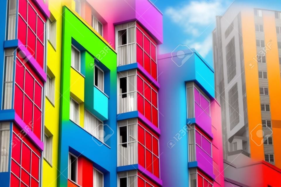 Parts of the facades of modern houses. Bright juicy colors in the construction of buildings.