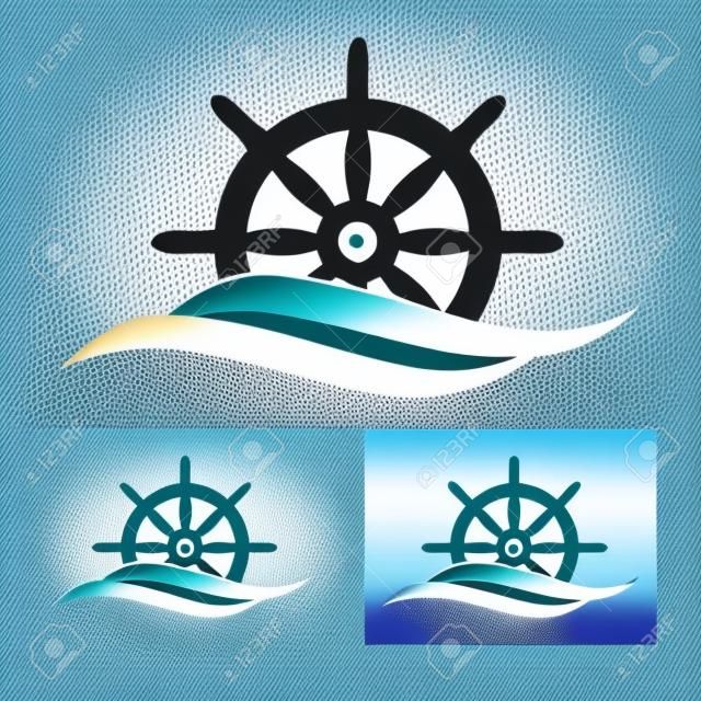 Vector illustration d'un gouvernail de direction se dégage de logo d'onde de la mer pour les compagnies maritimes
