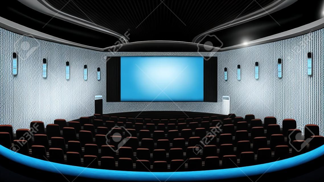 Empty cinema hall. Movie theatre with white screen.