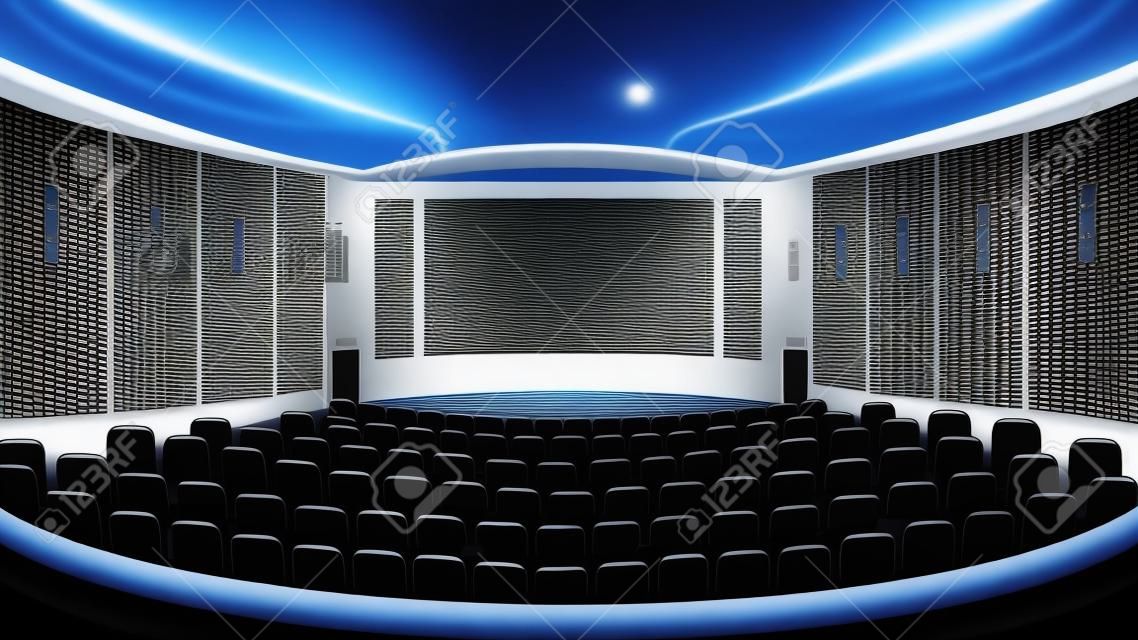 Empty cinema hall. Movie theatre with white screen.