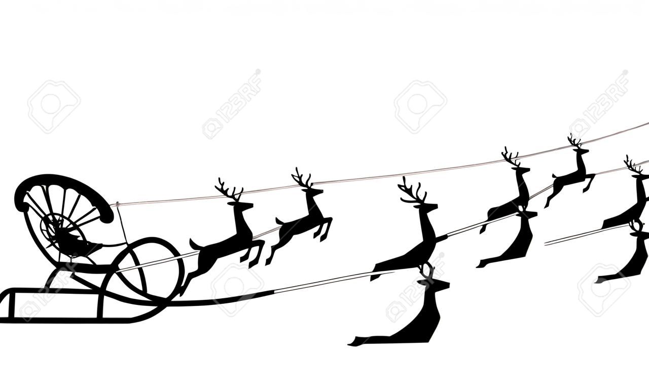 Дед Мороз едет в санях в упряжке на оленей