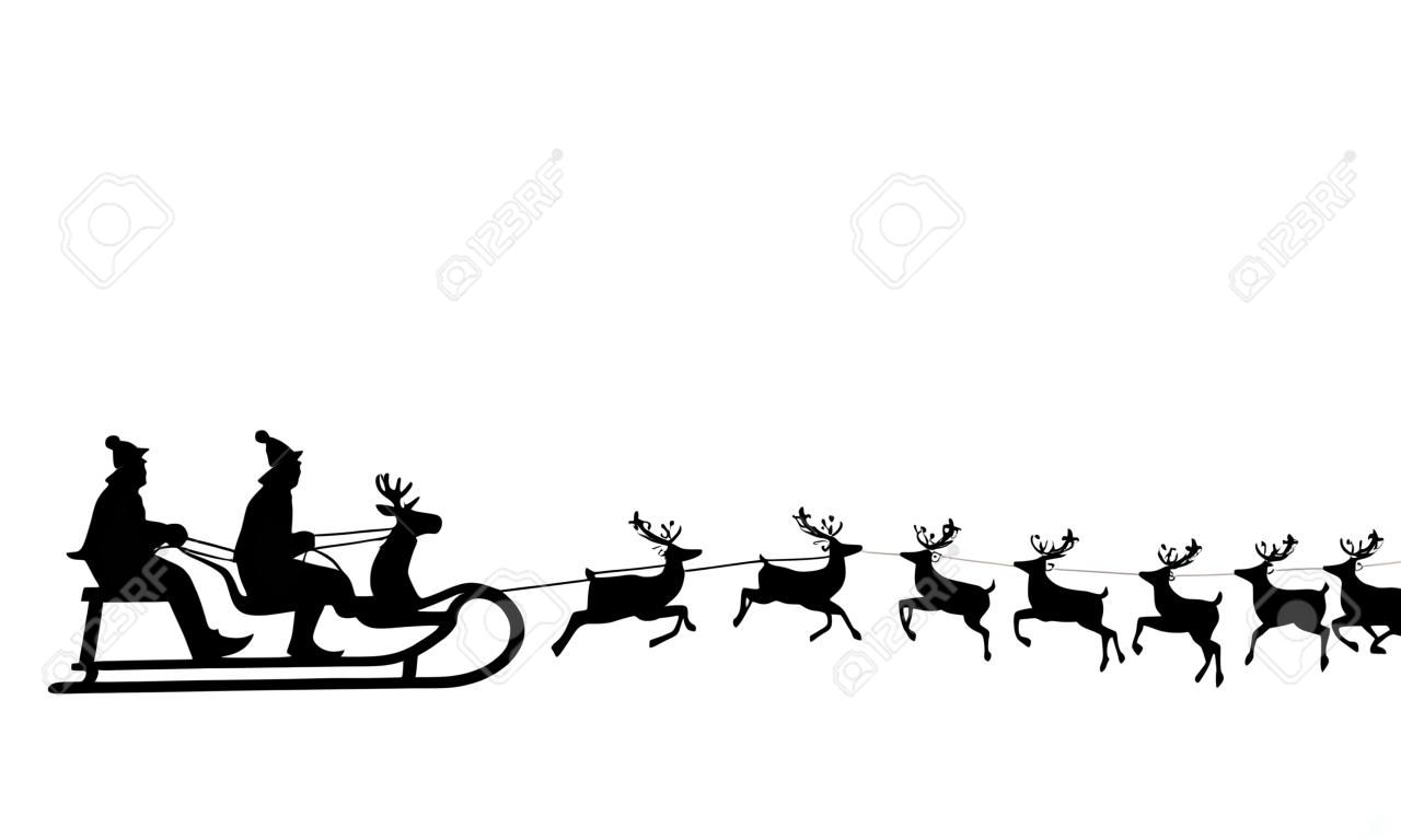 Père Noël monte dans un traîneau dans le harnais sur le renne