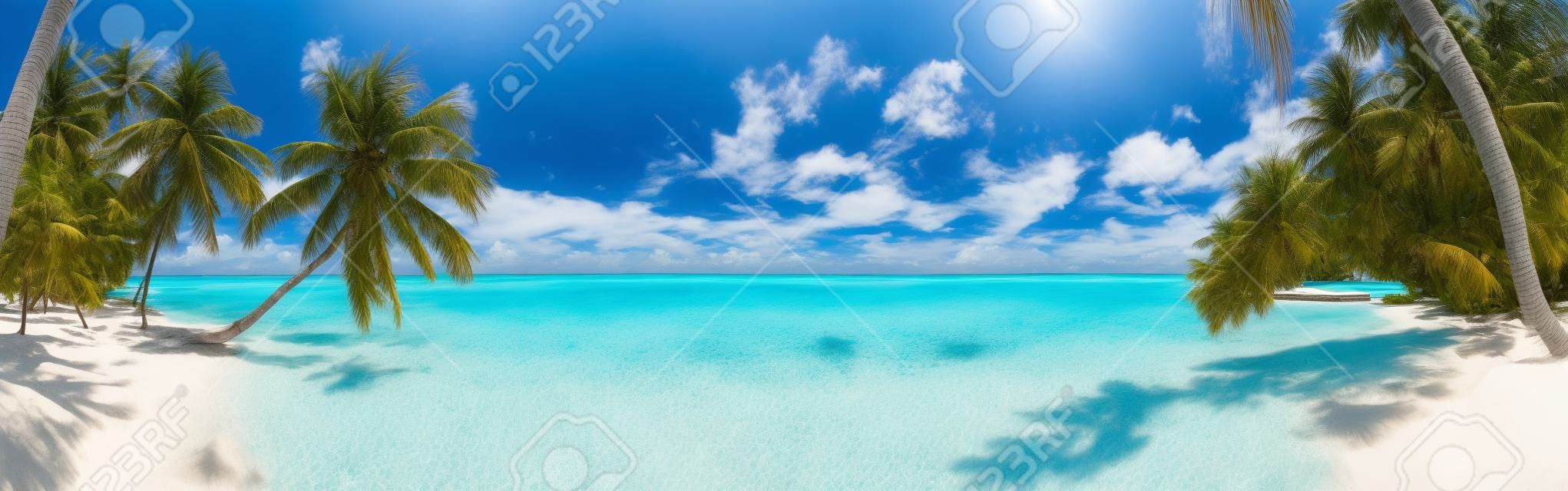 Strand panorama op Malediven met blauwe lucht, palmbomen en turquoise water