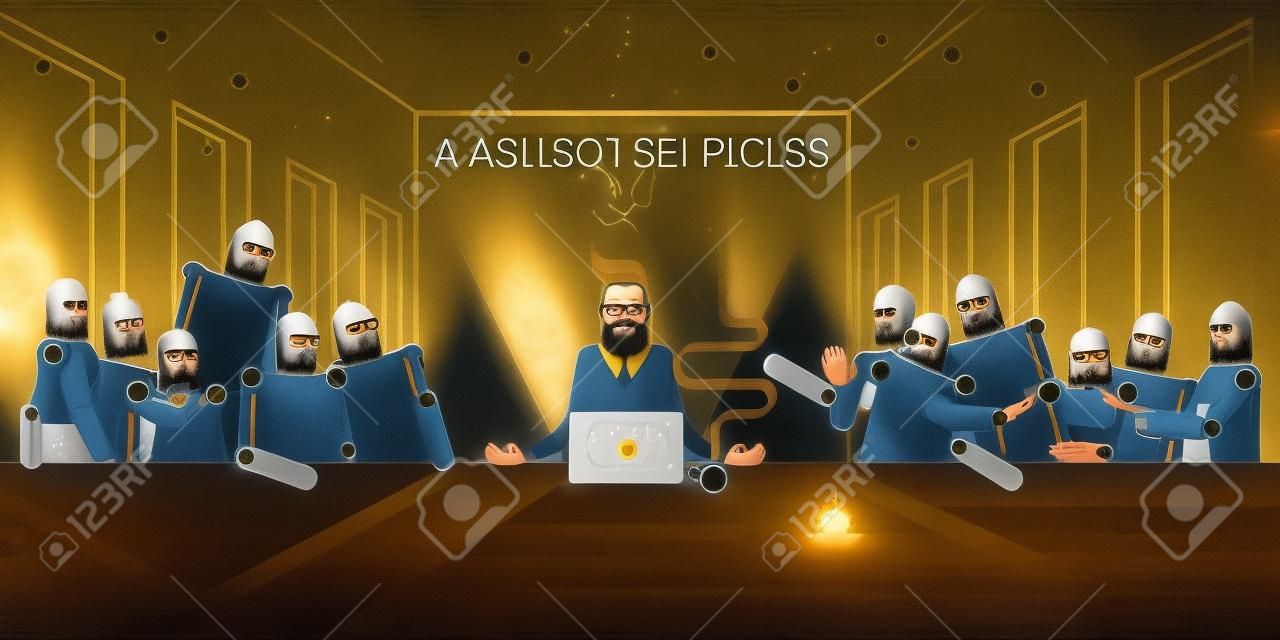 Technology evangelist bearded and in glasses with his androids robots AI apostles at The Last Supper