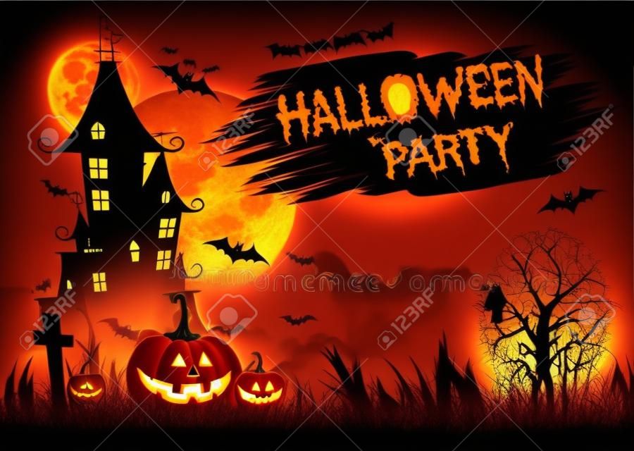 Fundo da noite de Halloween com abóbora, casa assombrada e lua cheia. Modelo de folheto ou convite para a festa de Halloween. Ilustração vetorial.