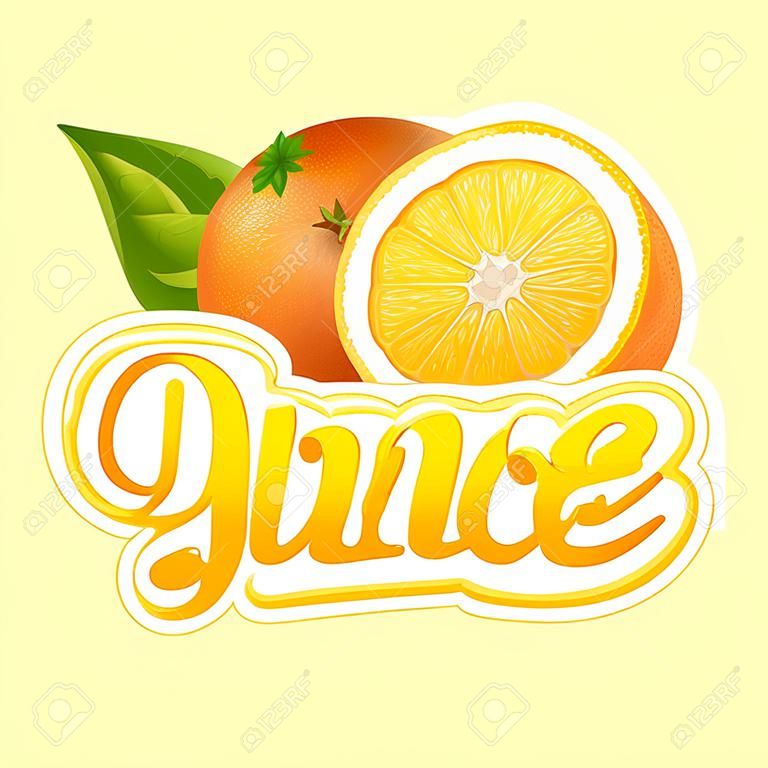 Plantilla natural de diseño de etiqueta de zumo de naranja. Rebanada de fruta fresca madura con texto.